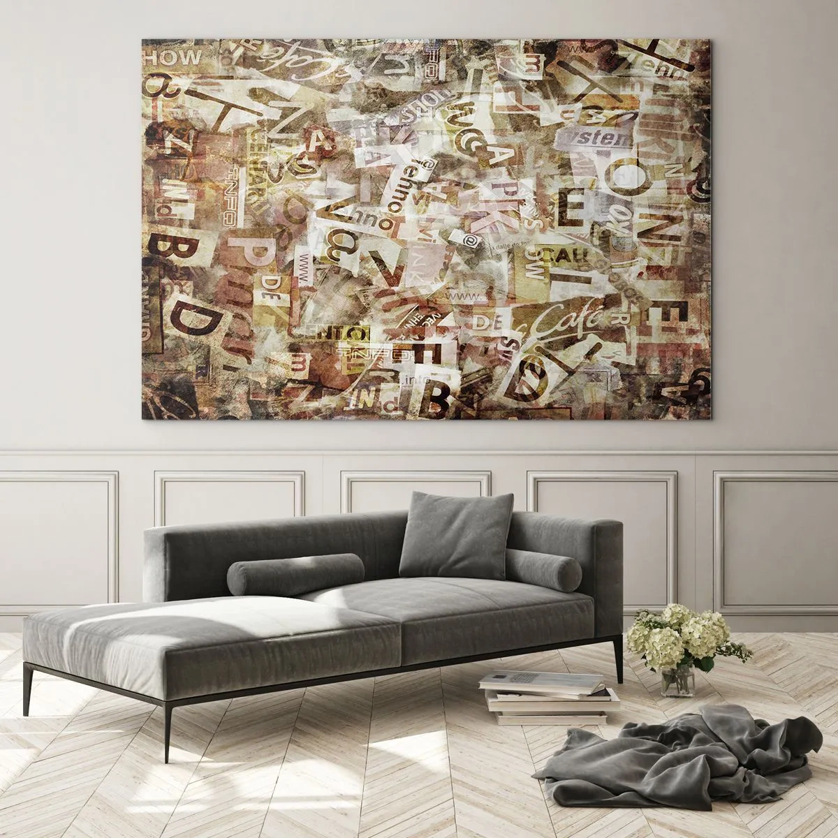 Glastavla - Bild på glas - Snacket reduceras till enstaka bokstäver - 120x80 cm