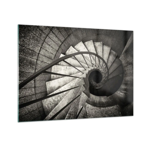 Glastavla - Bild på glas - En svartvit spiraltrappa från ett fågelperspektiv - 70x50cm - Uppför trappan, nedför trappan - Modern väggdekoration för vardagsrum och sovrum ARTTOR