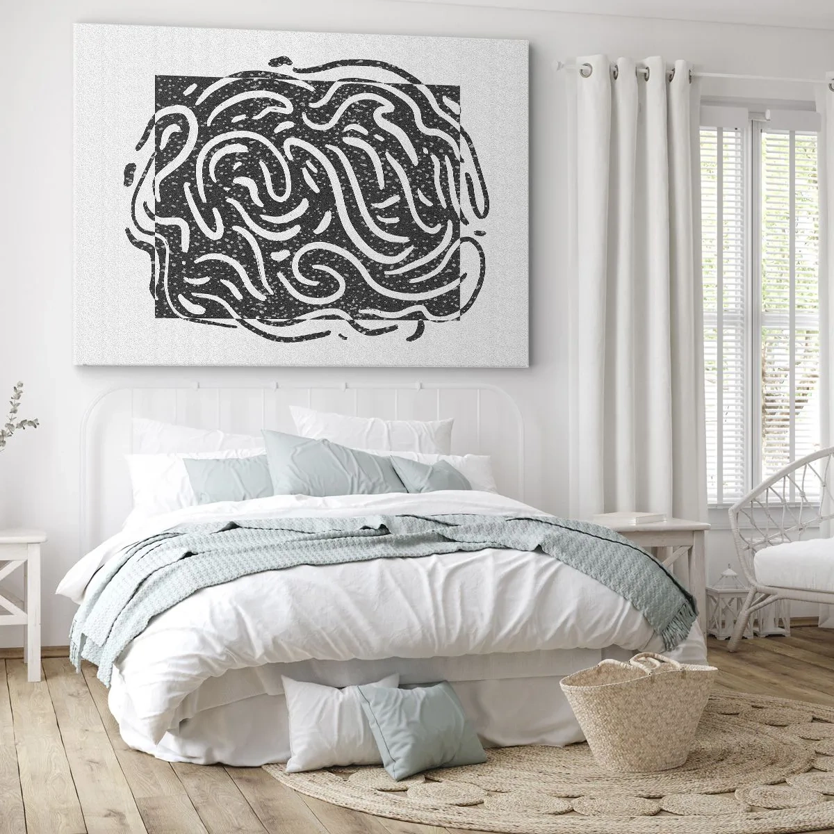 Canvastavla - Bild på duk - Svartvit abstraktion i geometrisk stil - 70x50cm - Abstraktion: en dans av glädje - Modern väggdekoration för vardagsrum och sovrum ARTTOR