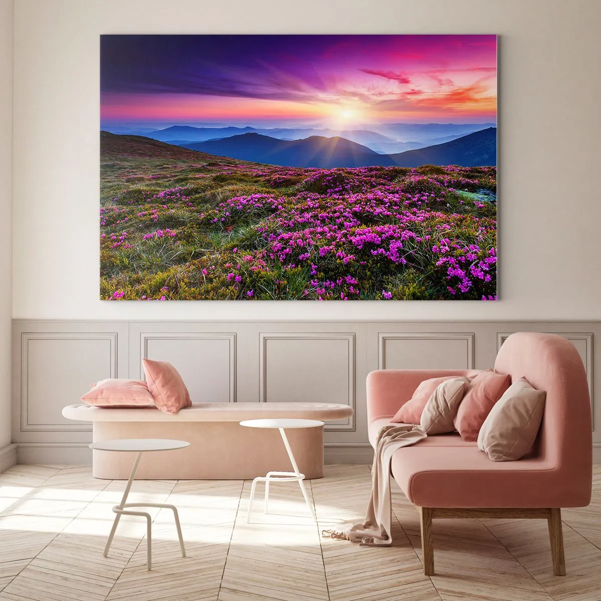 Glastavla - Bild på glas - Berglandskap med hed vid solnedgången - 70x50cm - Doftande örter - Modern väggdekoration för vardagsrum och sovrum ARTTOR