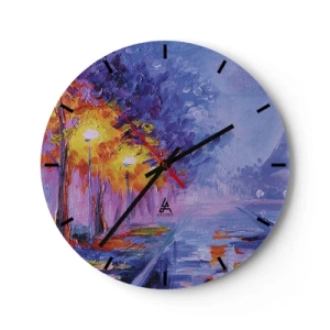 Väggklocka - Klocka på glas - Impressionistiskt landskap med lampor och färgglada träd - 30x30cm - Drömpromenad - Modern väggdekoration för vardagsrum, kök och sovrum ARTTOR