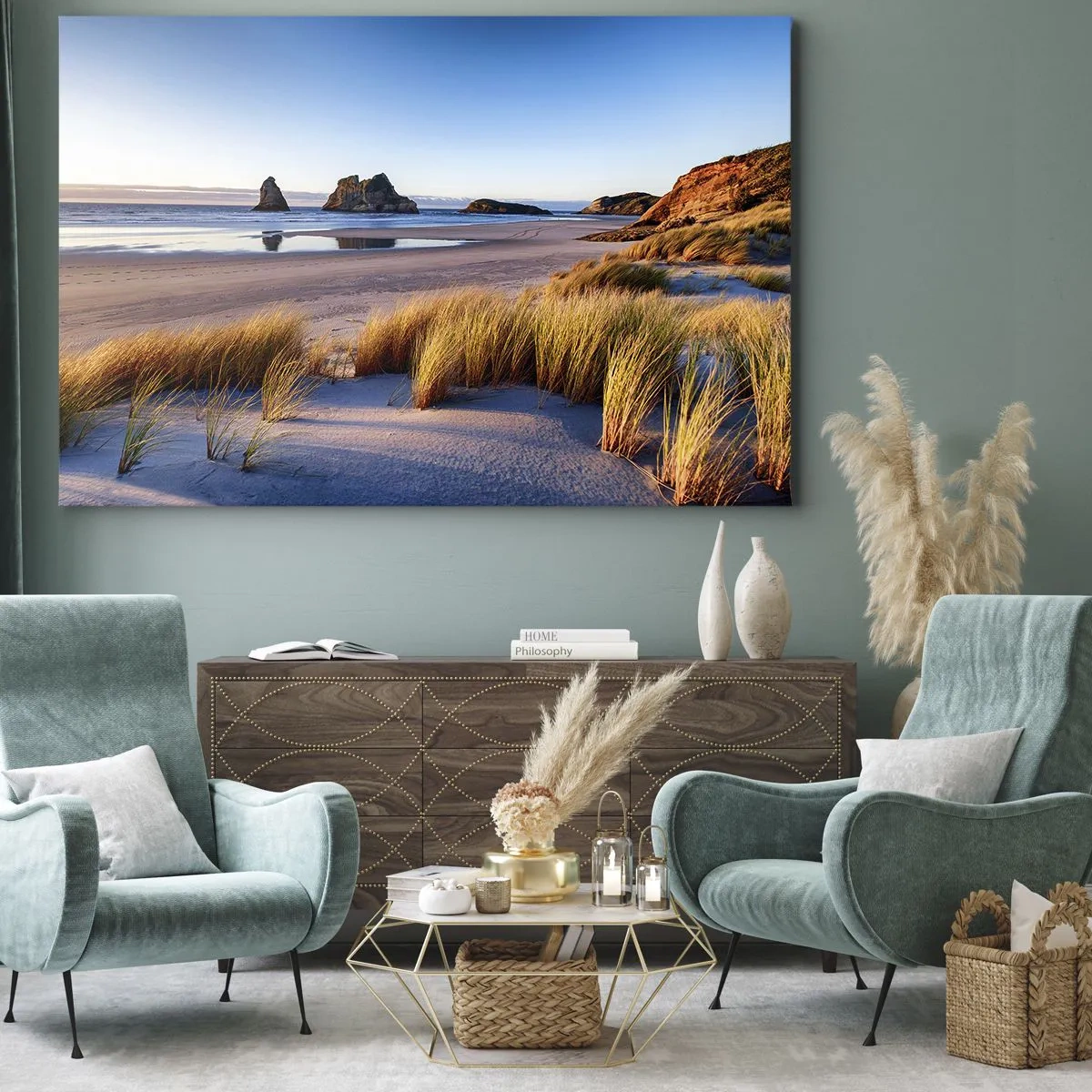 Canvastavla - Bild på duk - En pittoresk strand med utsikt över klipporna och havet vid solnedgången - 70x50cm - För fredssökare - Modern väggdekoration för vardagsrum och sovrum ARTTOR
