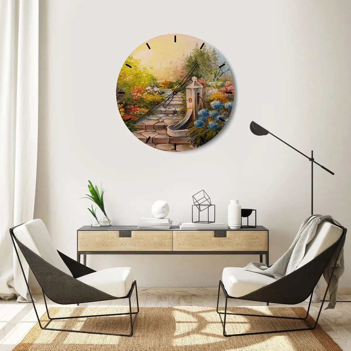 Väggklocka - Klocka på glas - En trädgård med en fontän omgiven av färgglada blommor och träd - 30x30cm - Fullt blommande - Modern väggdekoration för vardagsrum, kök och sovrum ARTTOR
