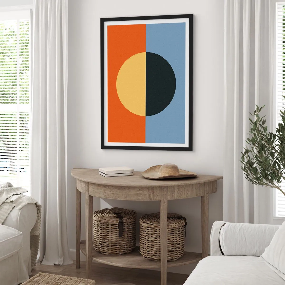 Affisch i svart ram - Geometrisk komposition med en cirkel och kontrasterande färger - 50x70cm - Komposition av värme och kyla - Modern väggdekoration för vardagsrum och sovrum ARTTOR