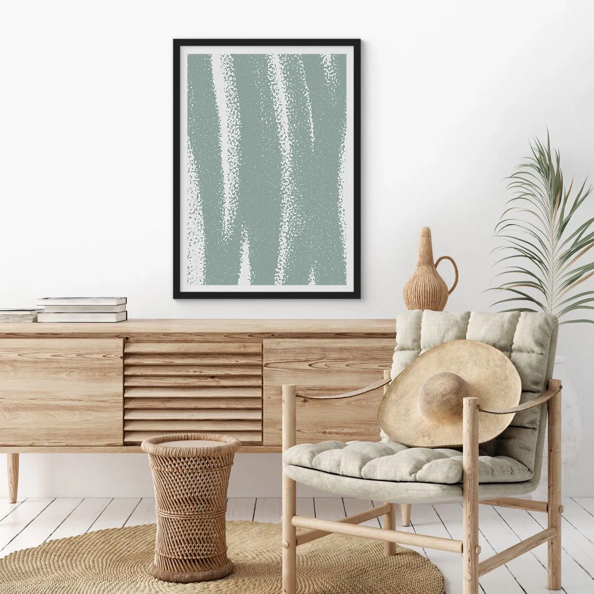 Affisch i svart ram - En minimalistisk komposition i nyanser av grönt och vitt - 50x70cm - Abstraktion i vinterstämning - Modern väggdekoration för vardagsrum och sovrum ARTTOR