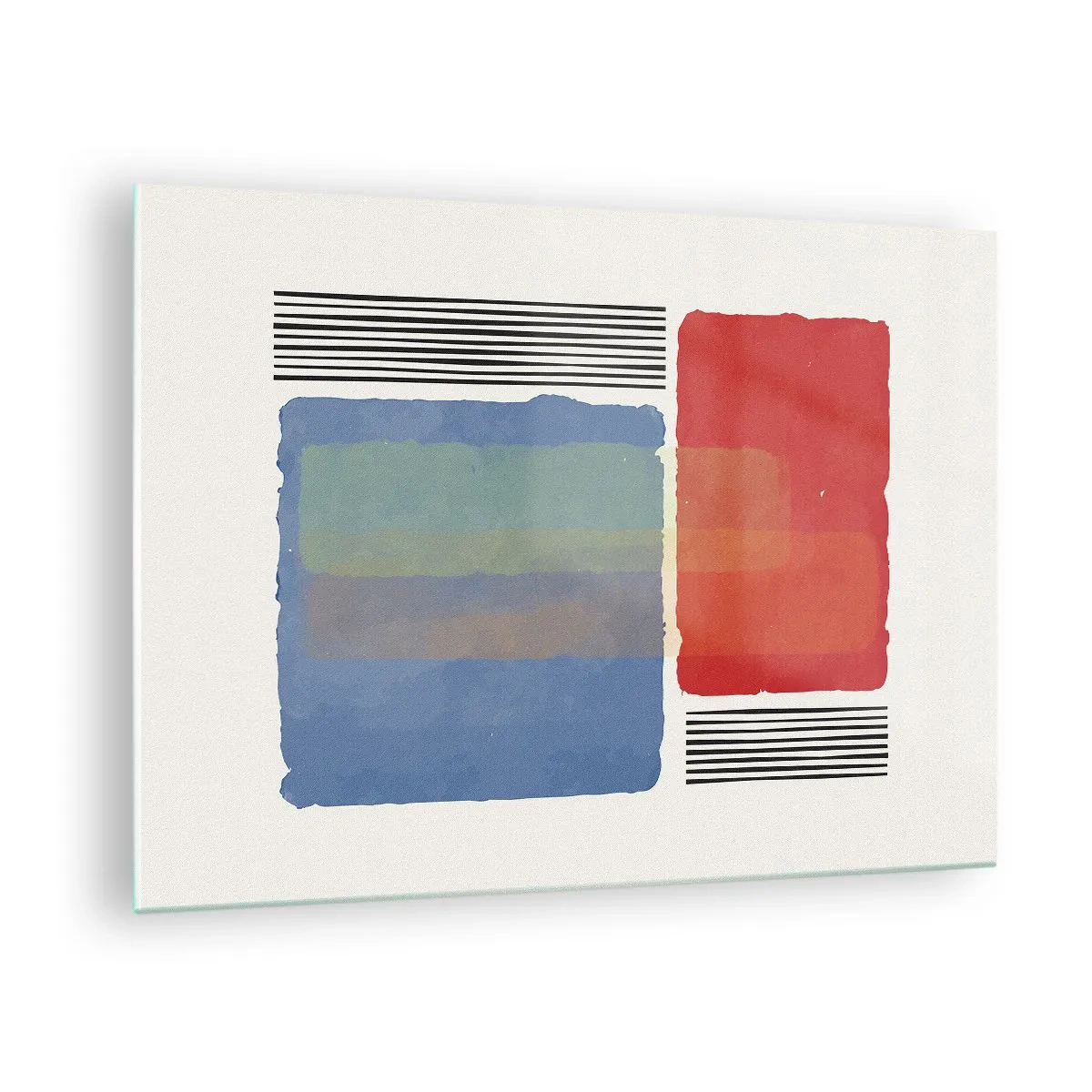 Glastavla - Bild på glas - Geometrisk komposition med röda och blå rektanglar - 70x50cm - Geometrins anda  - Modern väggdekoration för vardagsrum och sovrum ARTTOR