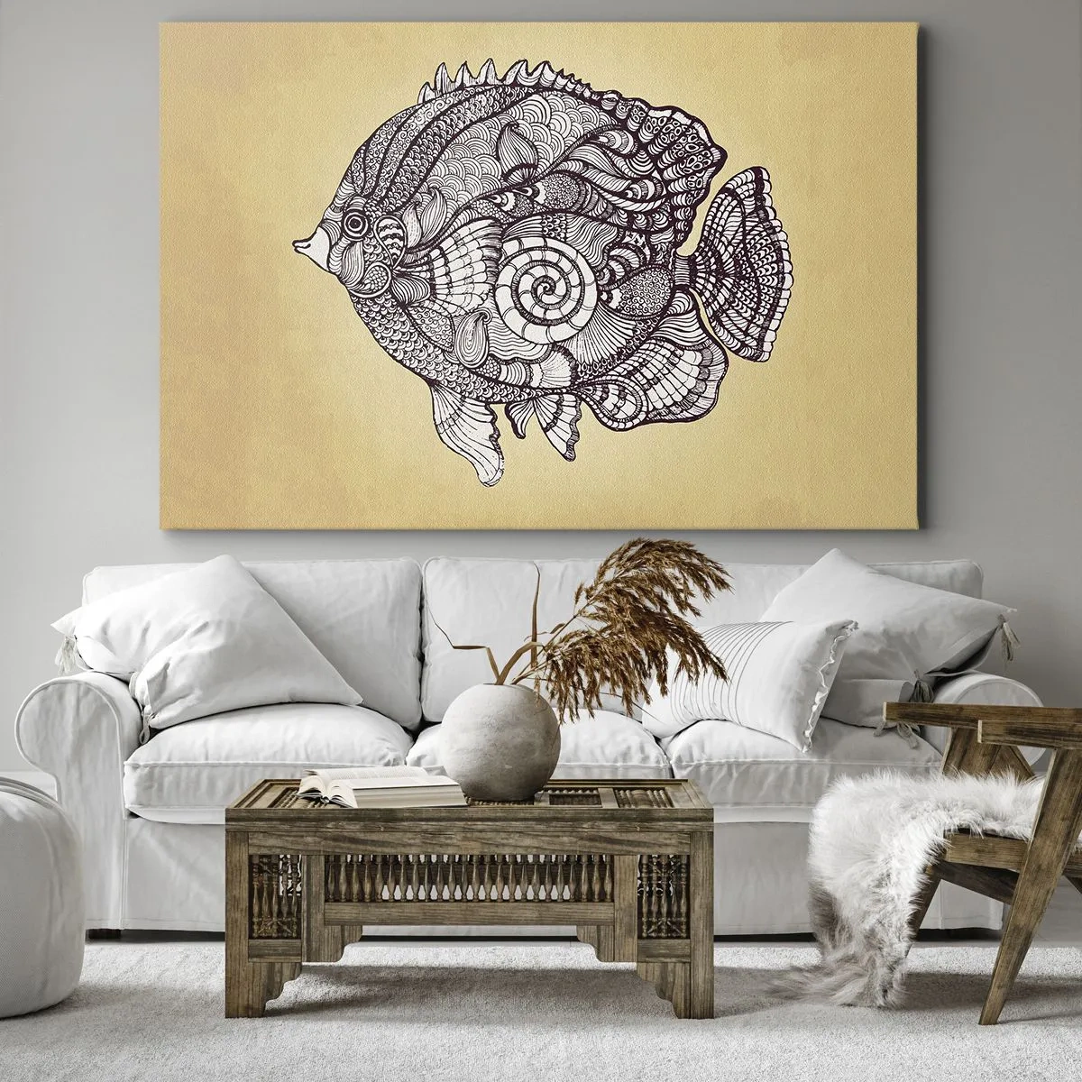 Canvastavla - Bild på duk - Dekorativ fisk i ritstil med mönster - 70x50cm - Från ett hav av ornament - Modern väggdekoration för vardagsrum och sovrum ARTTOR