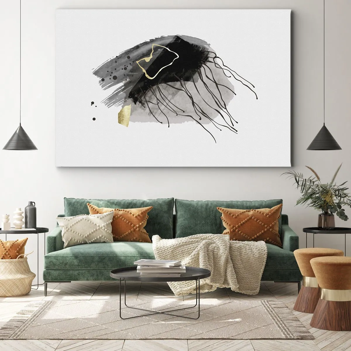 Canvastavla - Bild på duk - En abstrakt komposition med accenter av svart och guld. - 70x50cm - I svart och guld - Modern väggdekoration för vardagsrum och sovrum ARTTOR