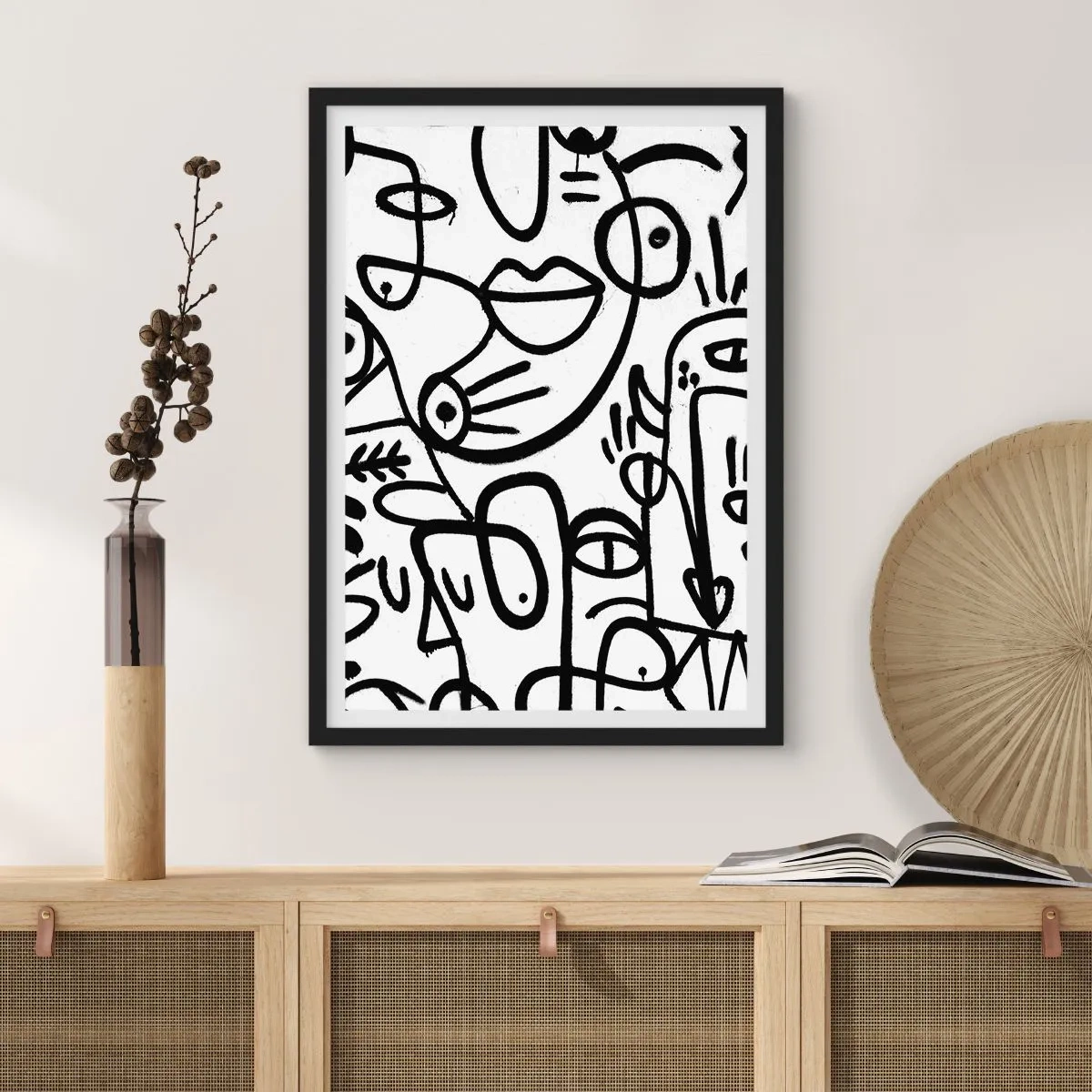 Affisch i svart ram - Abstrakta svarta linjer på en vit bakgrund - 50x70cm - Ansikten och hägringar - Modern väggdekoration för vardagsrum och sovrum ARTTOR