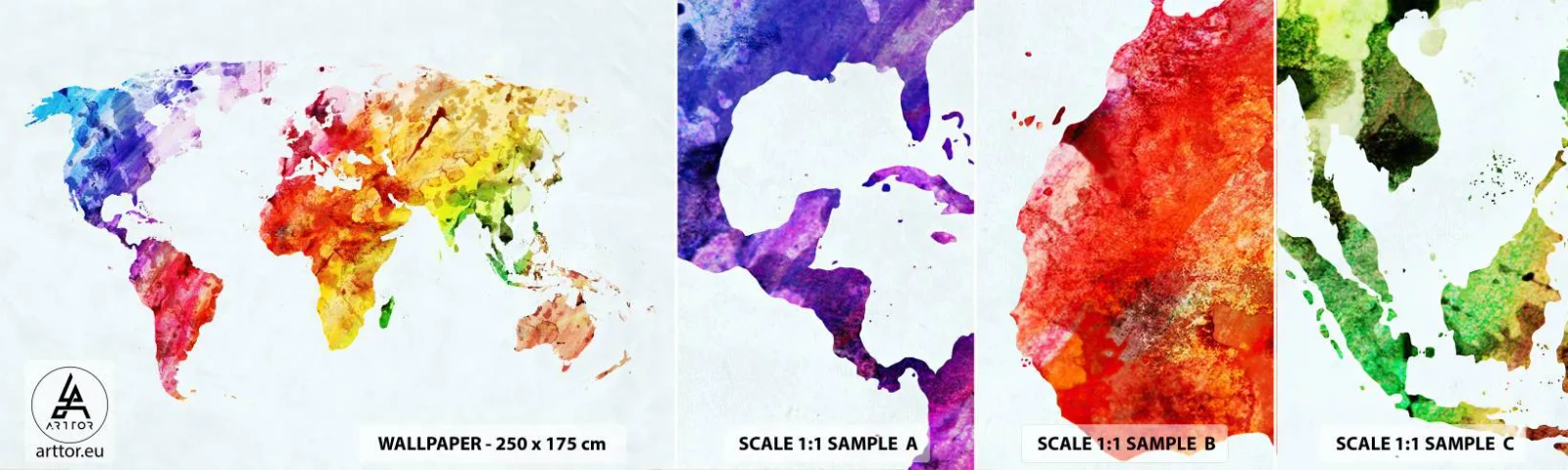 Fototapet Prov Standard Eco - Världens alla färger - Världskarta, Grafik, Kontinenter - 100x30 cm