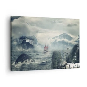 Canvastavla - Bild på duk - Ett mystiskt landskap med ett slott, berg och ett skepp - 70x50cm - På magiska vatten - Modern väggdekoration för vardagsrum och sovrum ARTTOR