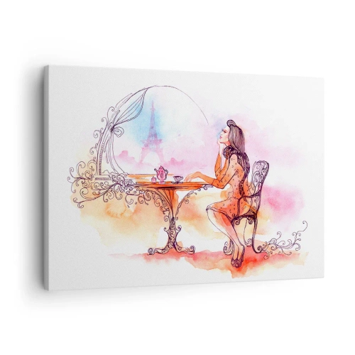 Canvastavla - Bild på duk - Romantisk akvarell av en kvinna på ett kafé med utsikt över ett torn - 70x50cm - Paris stil - Modern väggdekoration för vardagsrum och sovrum ARTTOR