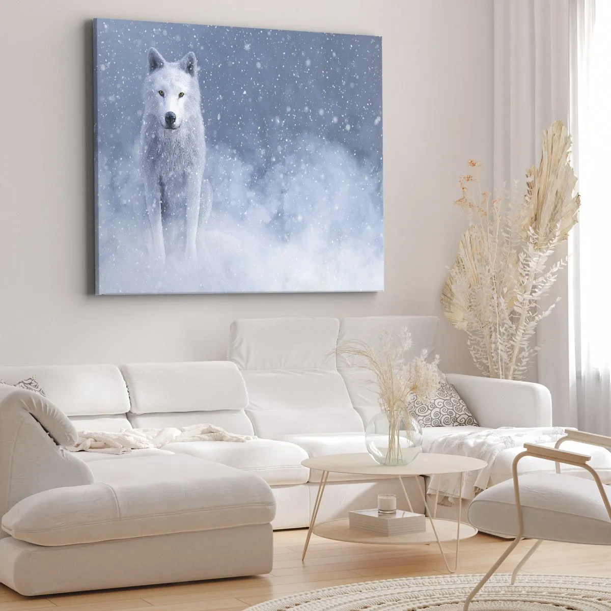 Canvastavla - Bild på duk - Vit varg i ett snöigt landskap - 70x50cm - I vinter anda - Modern väggdekoration för vardagsrum och sovrum ARTTOR
