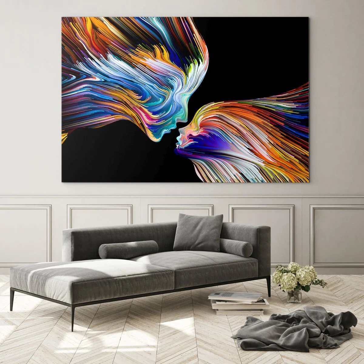 Glastavla - Bild på glas - En abstrakt bild av två ansikten med en blandning av energi och ljus. - 70x50cm - Fusion av energi och ljus - Modern väggdekoration för vardagsrum och sovrum ARTTOR
