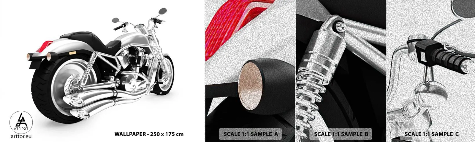 Provbit av fototapet Premium Sand - Samlarens dröm - Bil, Motorcykel, Chopper - 100x30 cm