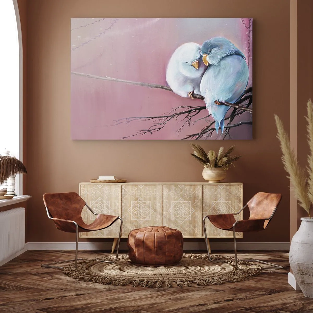 Canvastavla - Bild på duk - Två förälskade fåglar på en gren mot en rosa bakgrund - 70x50cm - Lägga till något?… - Modern väggdekoration för vardagsrum och sovrum ARTTOR