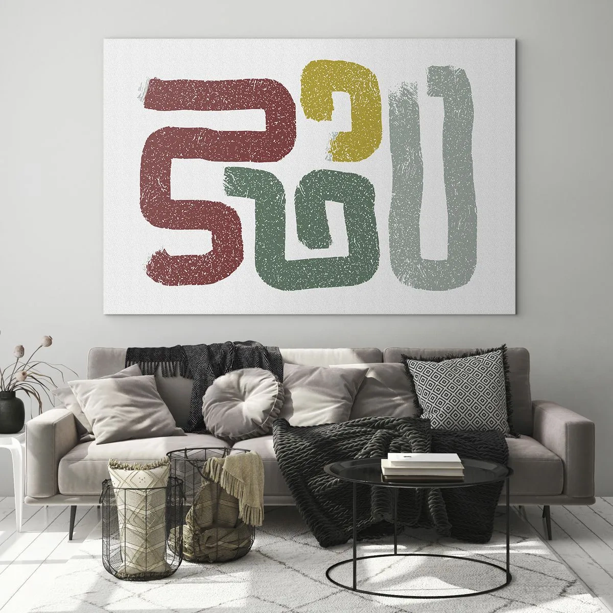 Glastavla - Bild på glas - Färgglada abstrakta tecken på en vit bakgrund - 70x50cm - På ett okänt språk - Modern väggdekoration för vardagsrum och sovrum ARTTOR