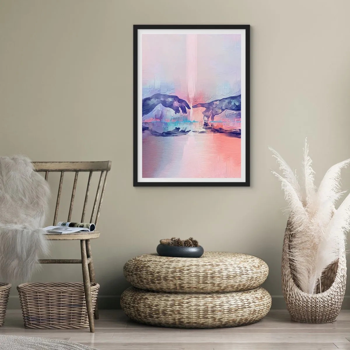 Affisch i svart ram - Abstrakta händer i pastellfärger - 50x70cm - Den gudomliga gnistan av liv - Modern väggdekoration för vardagsrum och sovrum ARTTOR