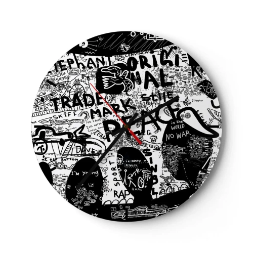 Väggklocka - Klocka på glas - Konstnärligt graffitimotiv i svartvitt - 30x30cm - Rik gatuvärld - Modern väggdekoration för vardagsrum, kök och sovrum ARTTOR