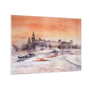 Glastavla - Bild på glas - Solnedgång över det kungliga slottet och floden på vintern - 70x50cm - Kunglig solnedgång - Modern väggdekoration för vardagsrum och sovrum ARTTOR