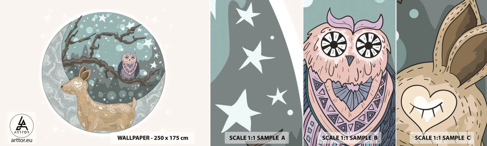 Fototapet Prov Standard Eco - Sagolik skogsnatt - För barn, Grafik, Stjärnor - 100x30 cm