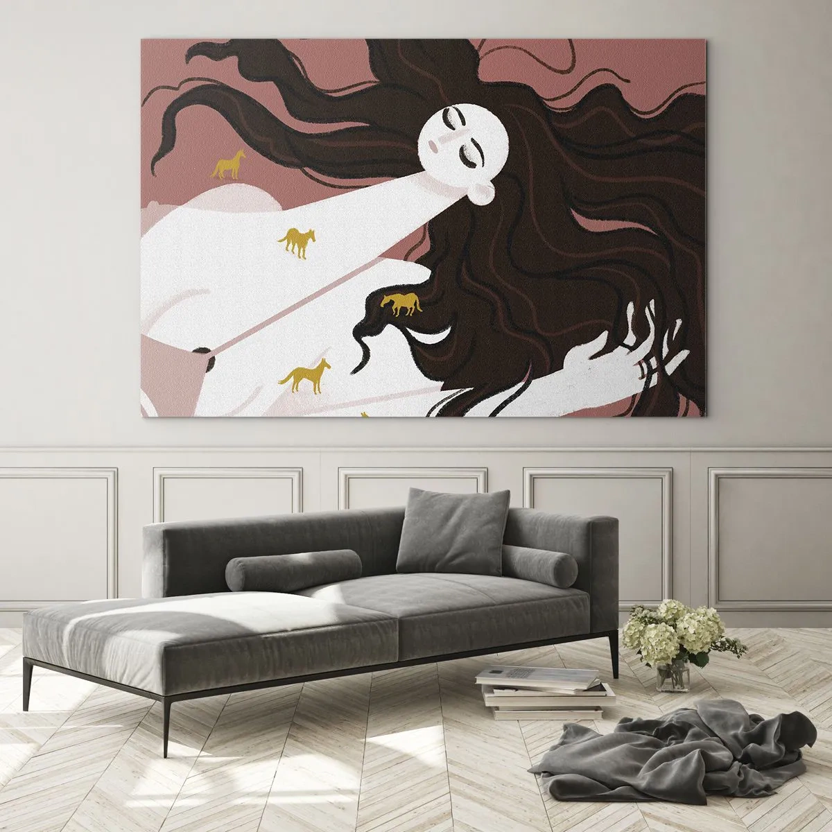 Glastavla - Bild på glas - En kvinna med långt hår och gyllene hästar mot en rosa bakgrund. - 70x50cm - Dröm om en gyllene häst - Modern väggdekoration för vardagsrum och sovrum ARTTOR