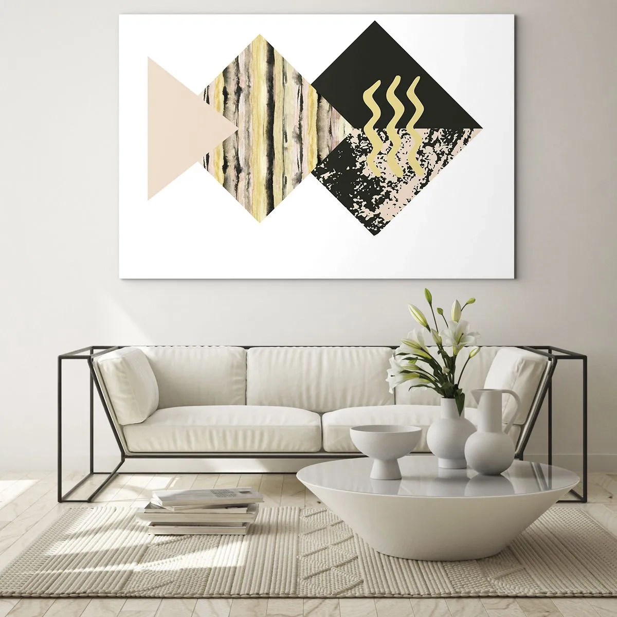 Glastavla - Bild på glas - Abstrakt geometrisk komposition med trianglar och texturer - 70x50cm - Inte så enkelt - Modern väggdekoration för vardagsrum och sovrum ARTTOR