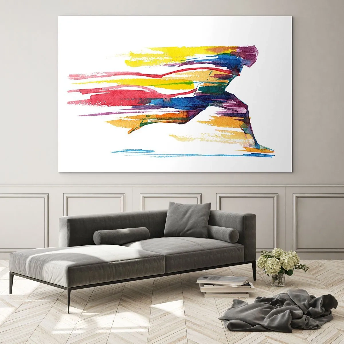 Glastavla - Bild på glas - Abstrakt silhuett av en löpare i dynamiska färger - 70x50cm - Spring genom regnbågen - Modern väggdekoration för vardagsrum och sovrum ARTTOR