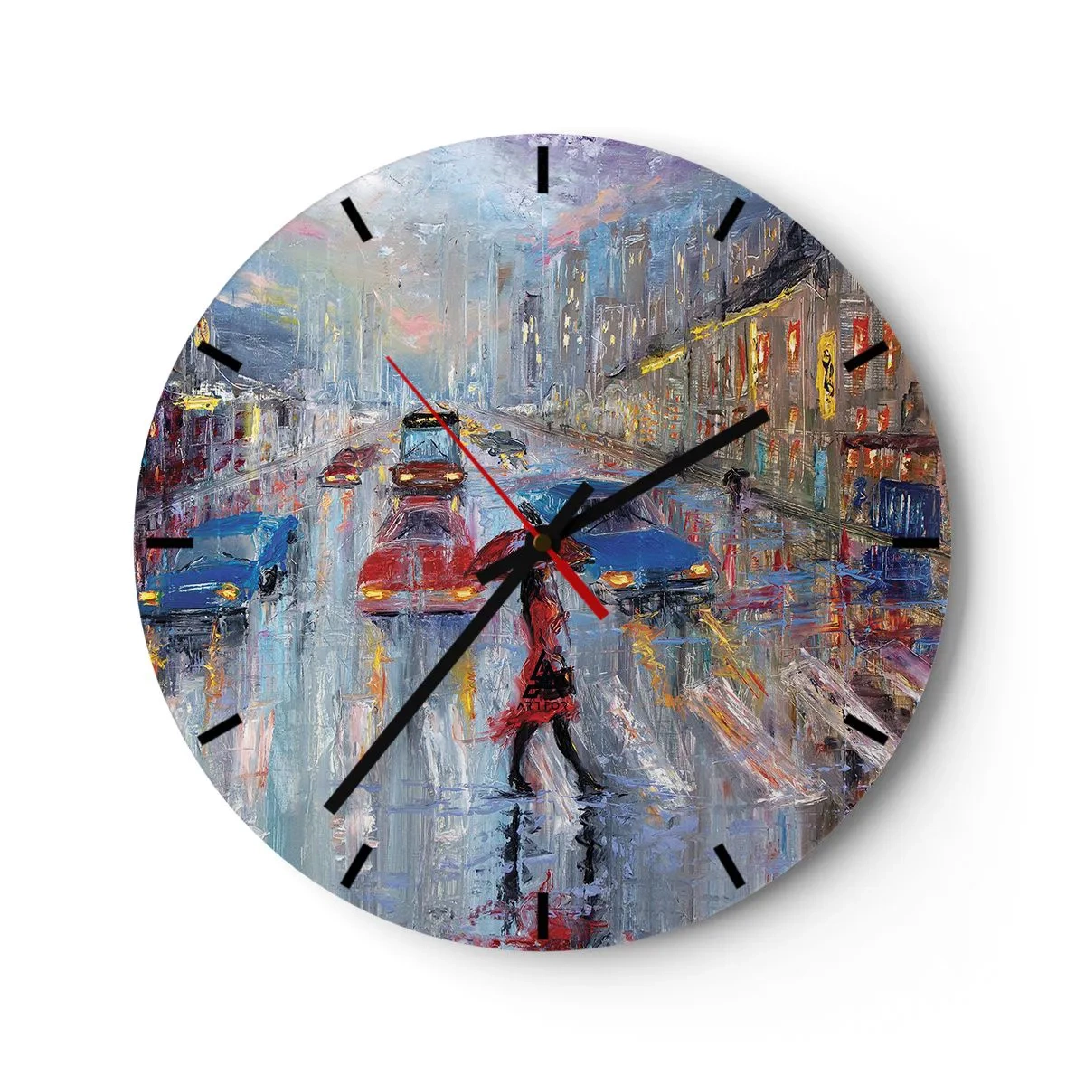 Väggklocka - Klocka på glas - Stadsgatalandskap i regn med färgglada ljus - 30x30cm - Regnig eftermiddag i staden - Modern väggdekoration för vardagsrum, kök och sovrum ARTTOR