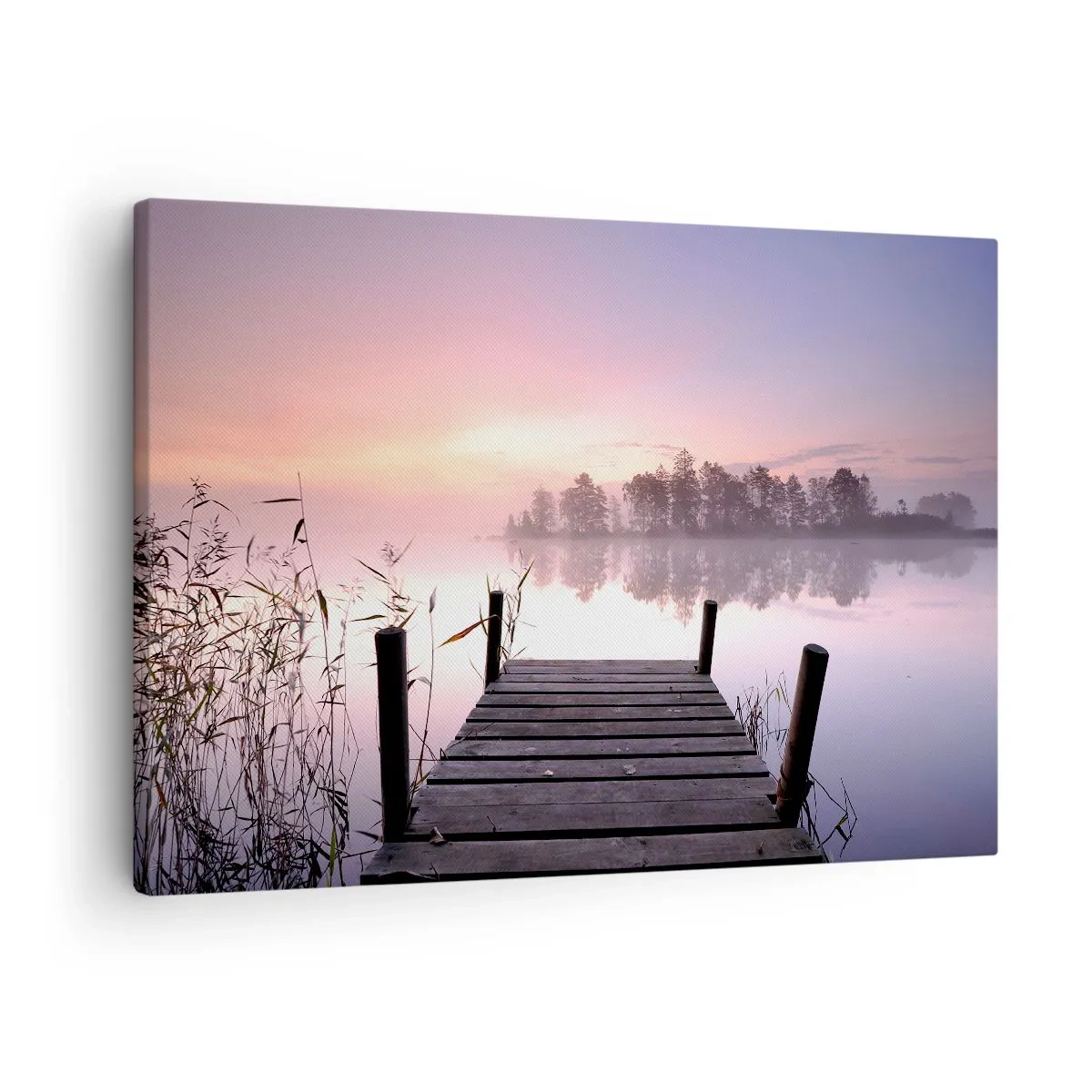 Canvastavla - Bild på duk - En sjöbrygga i gryningen med dimma och en pastellfärgad himmel - 70x50cm - Ur liljedimman... - Modern väggdekoration för vardagsrum och sovrum ARTTOR