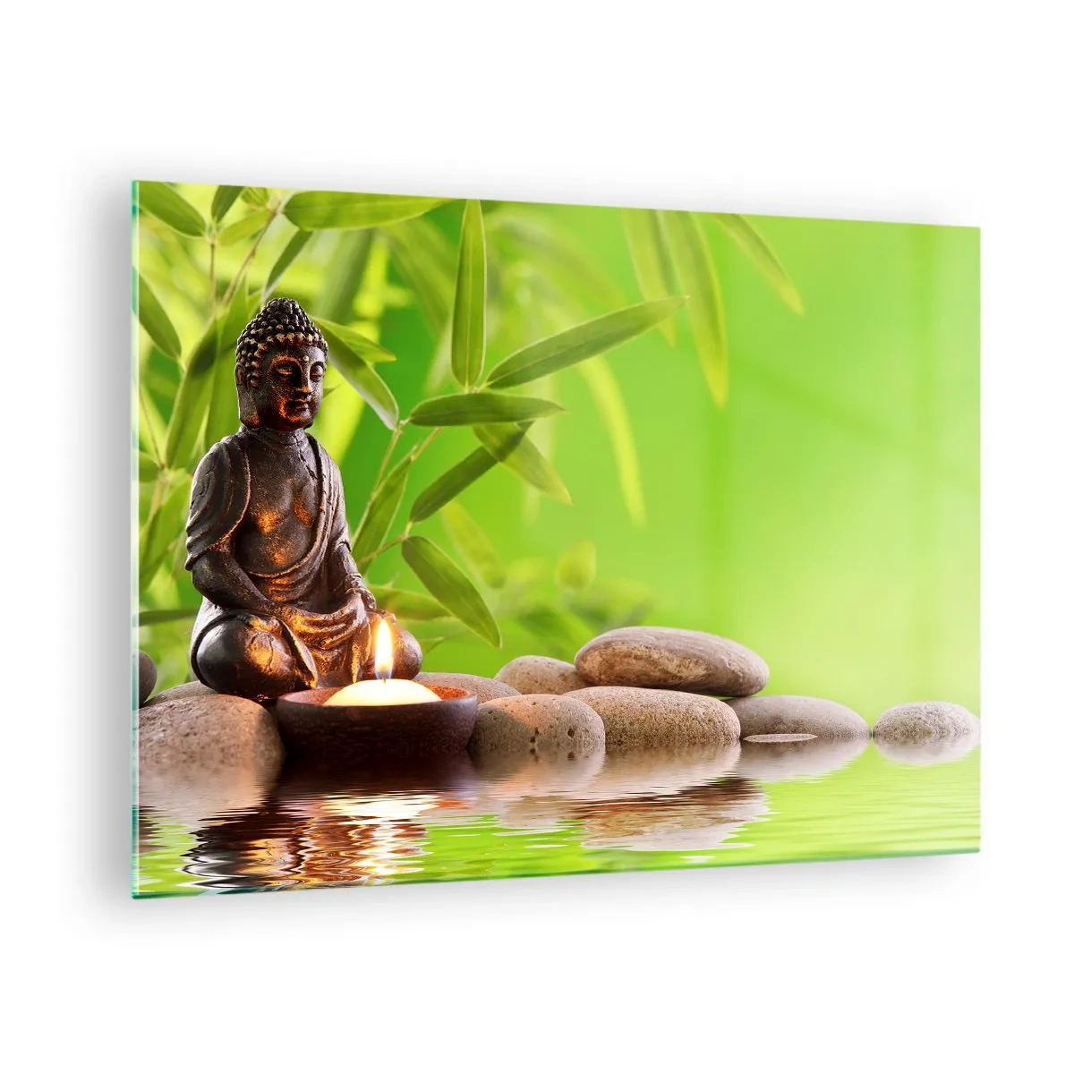 Glastavla - Bild på glas - En Buddhafigur med ett tänt ljus i en grön miljö - 70x50cm - Livet är skönt - Modern väggdekoration för vardagsrum och sovrum ARTTOR