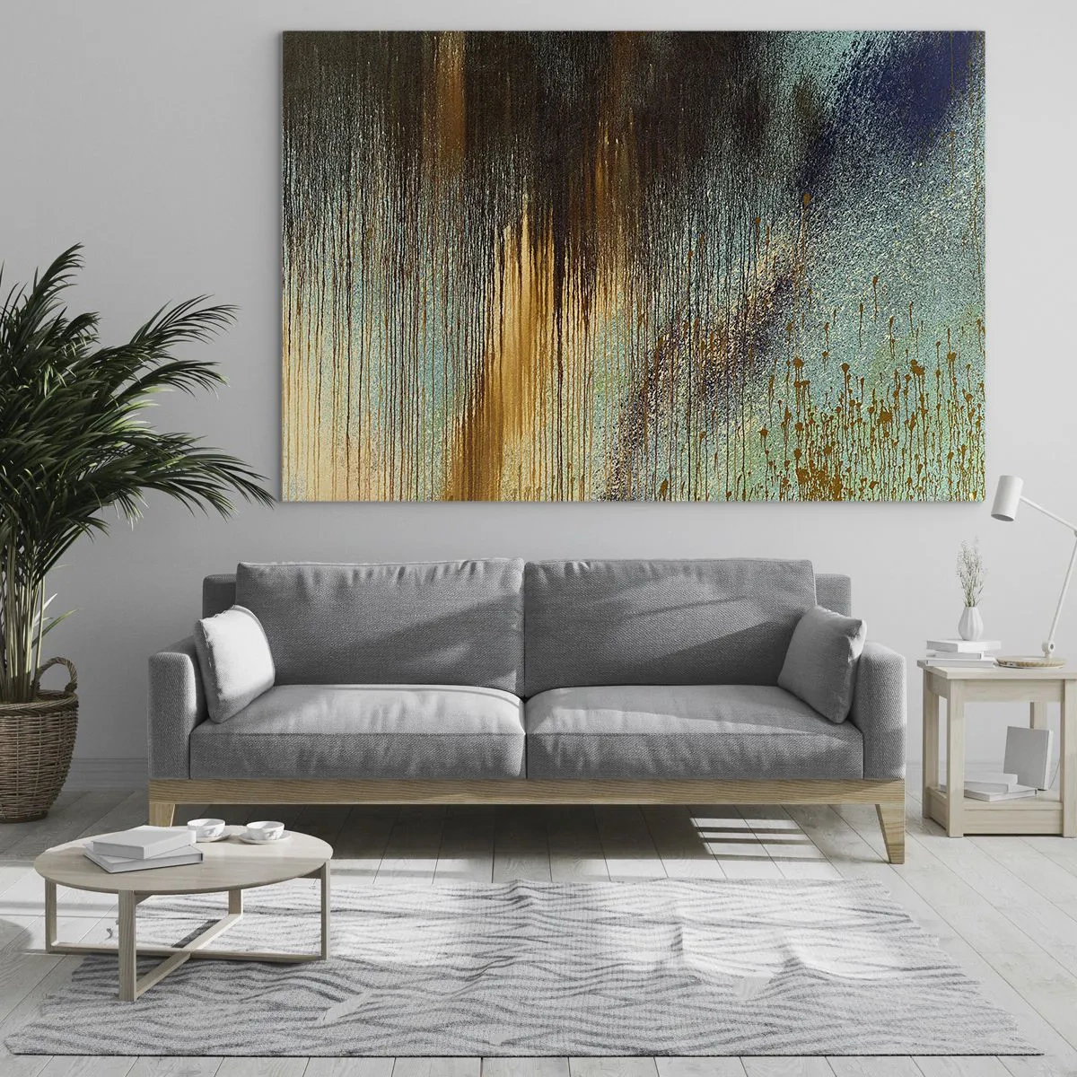 Glastavla - Bild på glas - Abstrakta linjer och fläckar i guld, blått och svart - 70x50cm - En oavsiktlig färgglad komposition - Modern väggdekoration för vardagsrum och sovrum ARTTOR