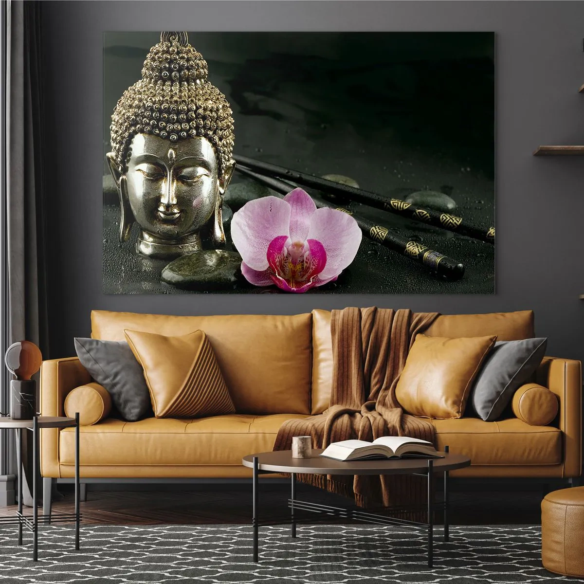 Glastavla - Bild på glas - Buddhistiskt huvud med en rosa blomma på en bakgrund av stenar - 70x50cm - Visshetens och skönhetens harmoni - Modern väggdekoration för vardagsrum och sovrum ARTTOR