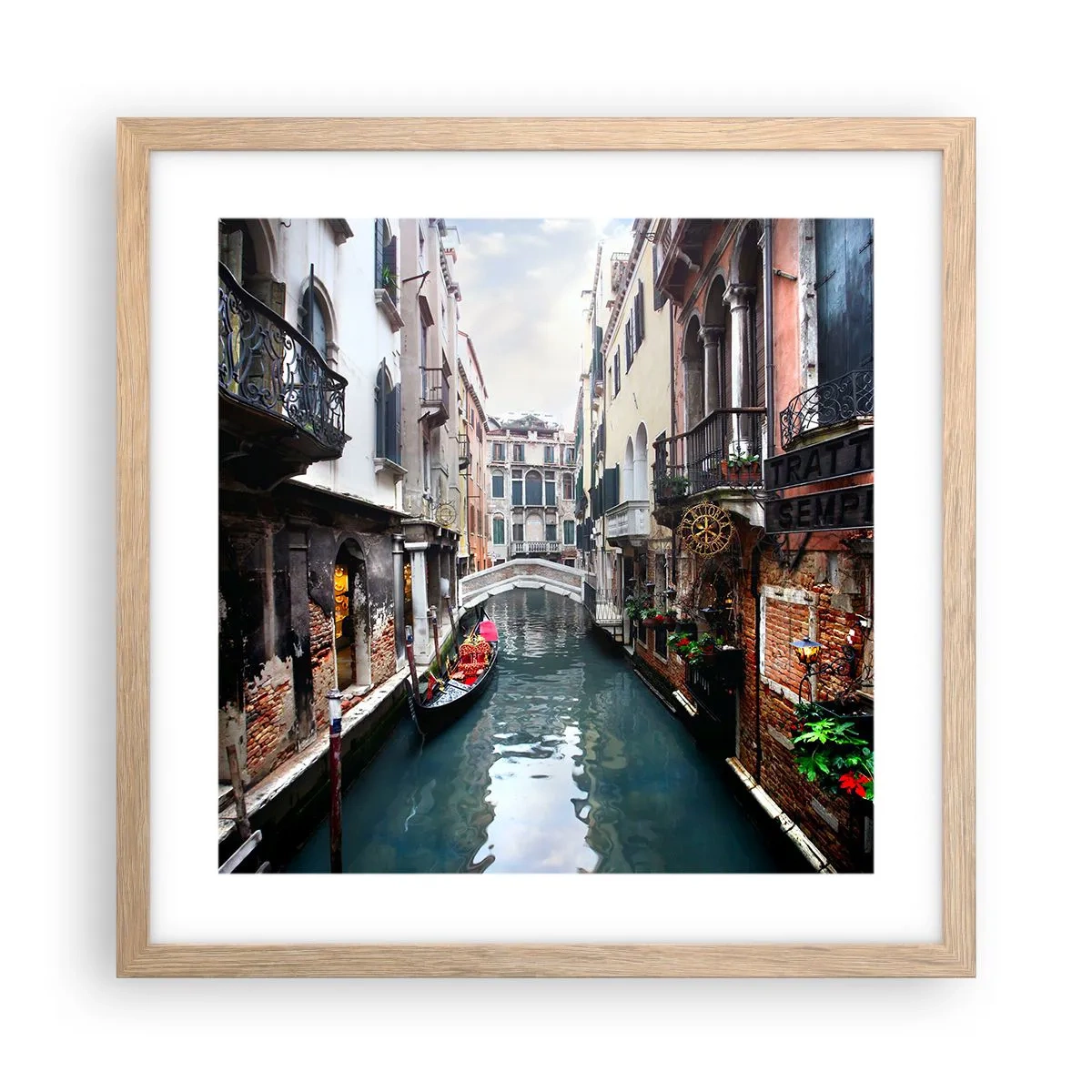 Affisch i ram av ljusek - Venedig-landskap med gondol och bro - 40x40 cm