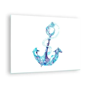 Glastavla - Bild på glas - Ankare med nautiska motiv i konstnärlig stil - 70x50cm - Håller havets hemligheter - Modern väggdekoration för vardagsrum och sovrum ARTTOR