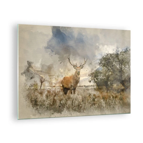 Glastavla - Bild på glas - En hjort i ett naturligt landskap med subtila färger i bakgrunden - 70x50cm - Värdighet - styrka - dignitet - Modern väggdekoration för vardagsrum och sovrum ARTTOR