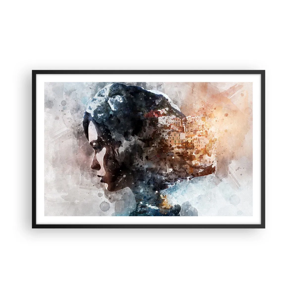 Affisch i svart ram - Berättelse om en tjej med en stad i bakgrunden - 91x61 cm