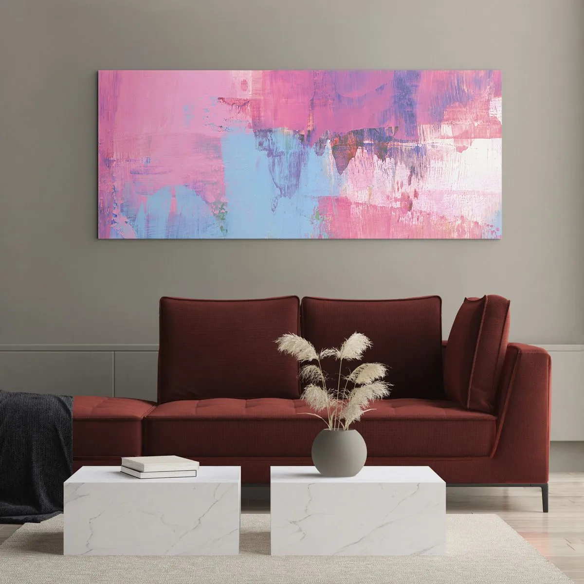 Glastavla - Bild på glas - Rosa, blått och en gnutta ljus - 100x40 cm