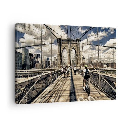 Canvastavla - Bild på duk - Brooklynbron med utsikt över fotgängare och cyklister - 70x50cm - Direkt till stadens kärna - Modern väggdekoration för vardagsrum och sovrum ARTTOR