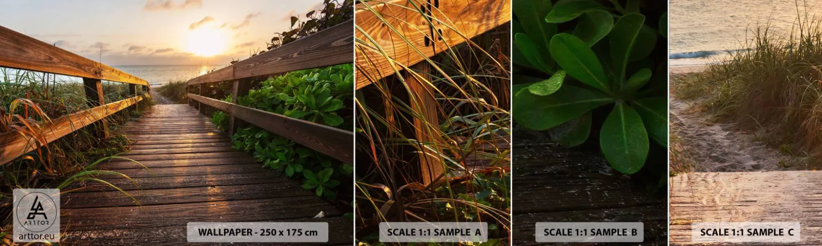 Provbit av självhäftande fototapet Deluxe Sticker - Direkt till stranden - Landskap, Hav, Träbro - 100x30 cm