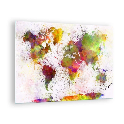Glastavla - Bild på glas - Konstnärlig världskarta med färgglada färgstänk - 70x50cm - Det blev bara så - Modern väggdekoration för vardagsrum och sovrum ARTTOR