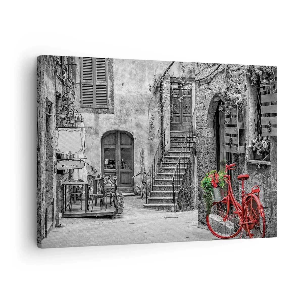 Canvastavla - Bild på duk - En röd cykel på en svartvit gata - 70x50cm - Toskansk hörna - Modern väggdekoration för vardagsrum och sovrum ARTTOR