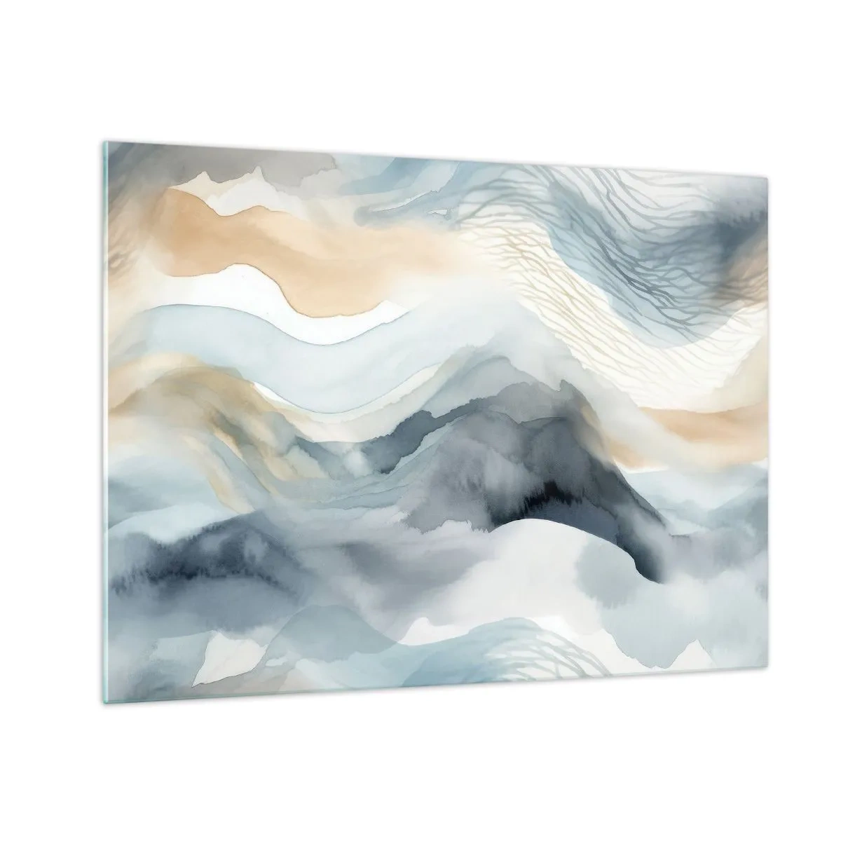 Glastavla - Bild på glas - Abstrakta vågor i nyanser av beige och blått - 70x50cm - Snöig och dimmig abstraktion - Modern väggdekoration för vardagsrum och sovrum ARTTOR
