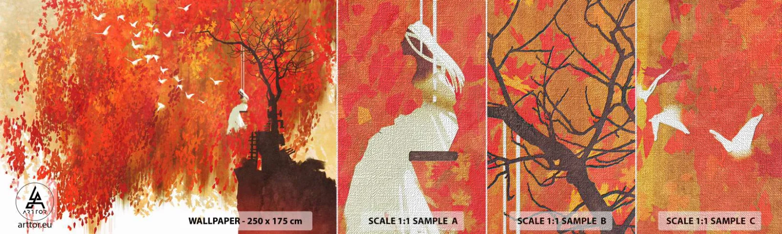 Provbit av fototapet Premium Canvas - Flyger hon med oss? - Abstraktion, Kvinna, Fåglar - 100x30 cm