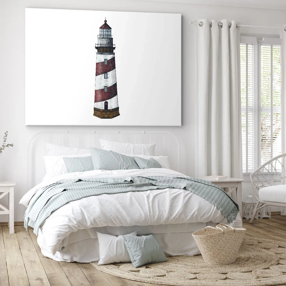 Canvastavla - Bild på duk - En tecknad bild av en fyr med röda och vita ränder på en minimalistisk bakgrund. - 70x50cm - Alltid på sin vakt - Modern väggdekoration för vardagsrum och sovrum ARTTOR