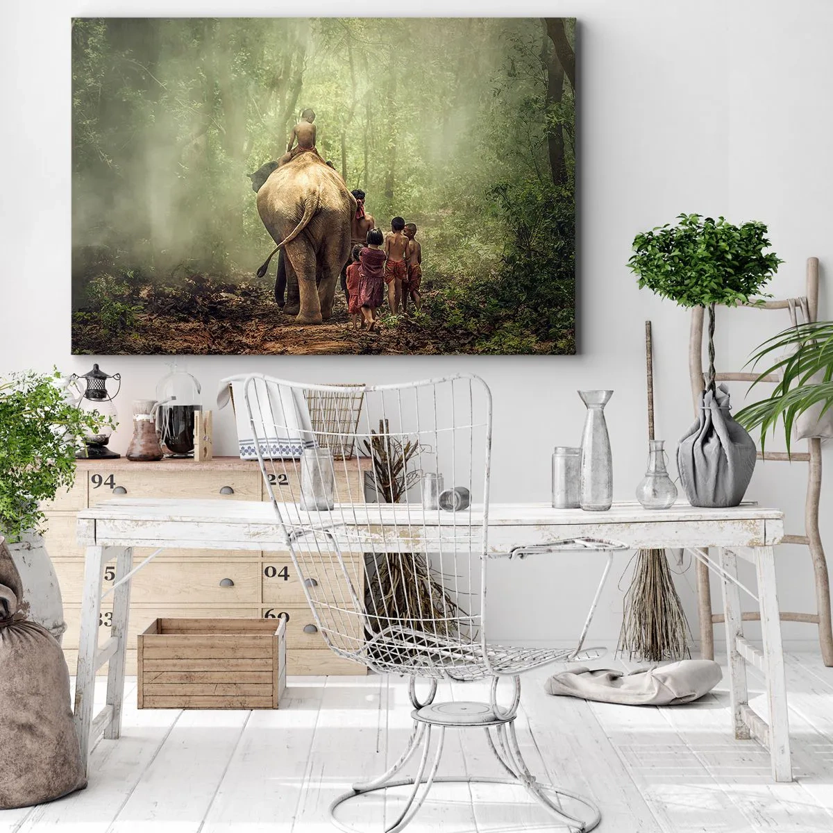 Canvastavla - Bild på duk - Barn med en elefant i en grön skog i morgonljuset - 70x50cm - Nya Djungelboken - Modern väggdekoration för vardagsrum och sovrum ARTTOR