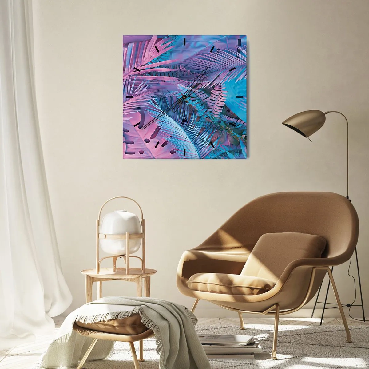 Väggklocka - Klocka på glas - Tropiken i rosa och blått - 40x40 cm