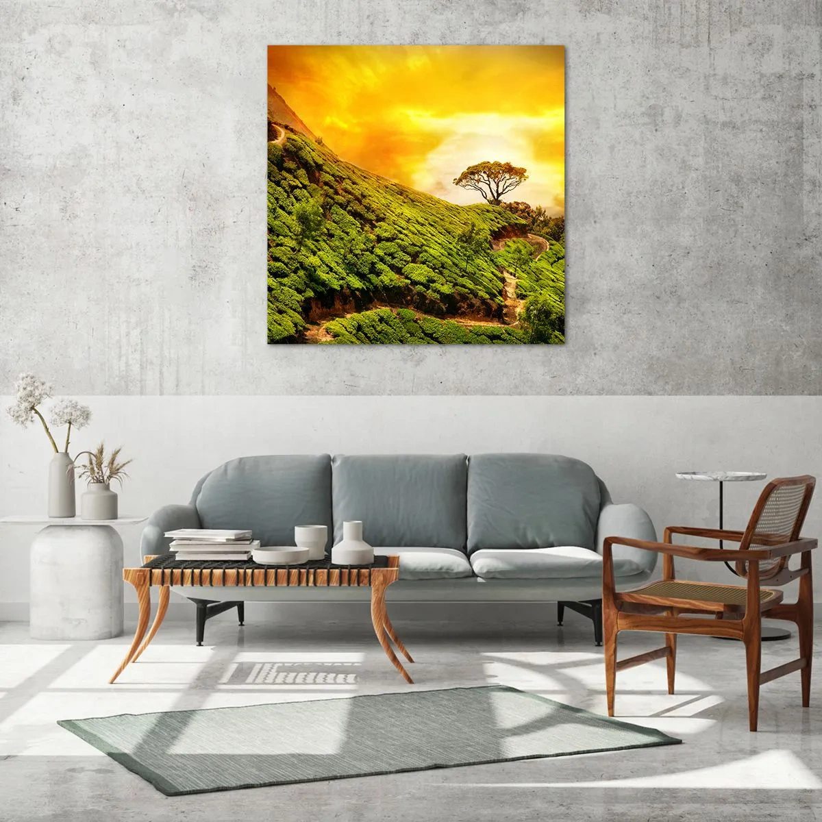 Glastavla - Bild på glas - Genom slingrande stig, grön backe - 70x70 cm