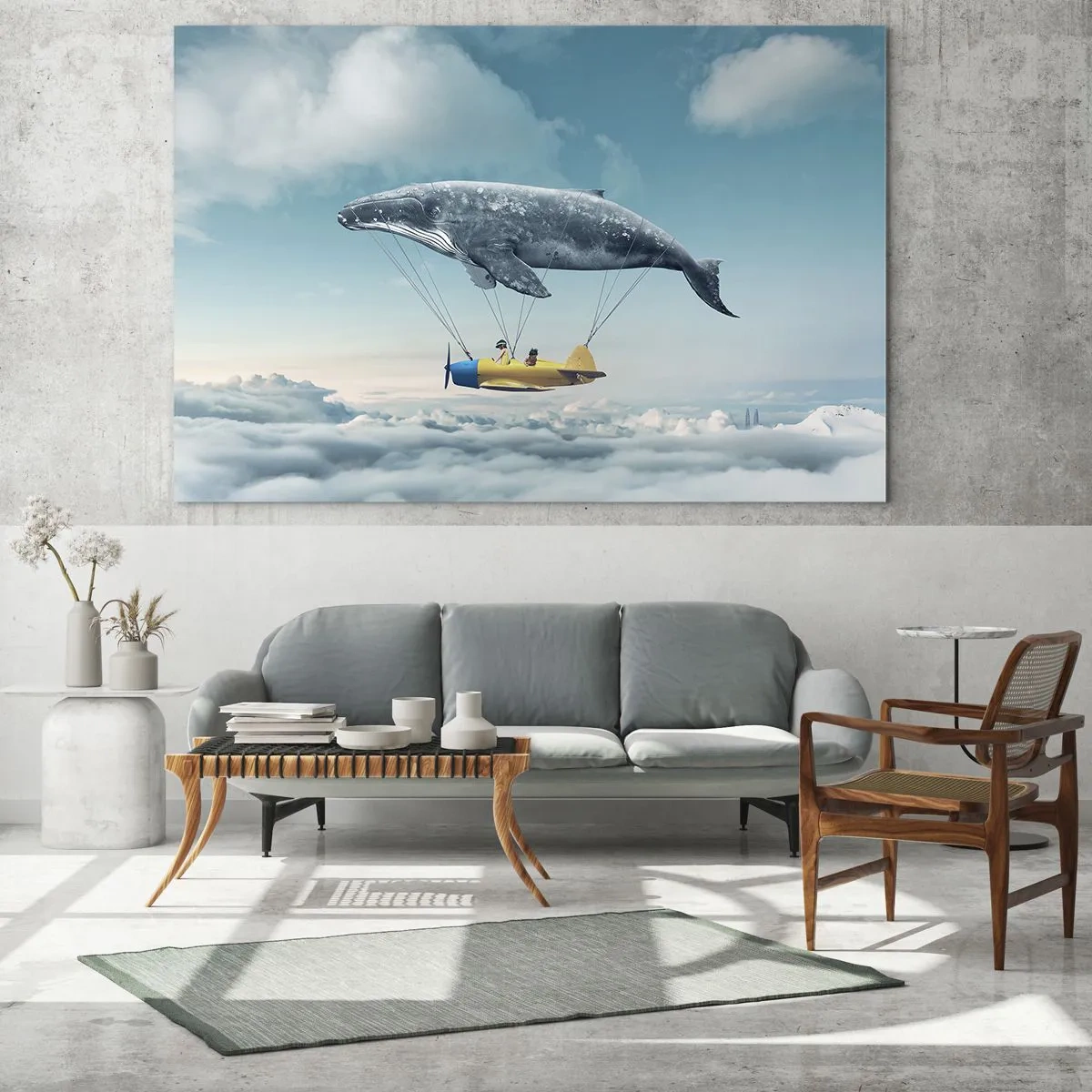 Glastavla - Bild på glas - En val lyfter ett flygplan över molnen i en surrealistisk miljö. - 70x50cm - Varför inte? - Modern väggdekoration för vardagsrum och sovrum ARTTOR