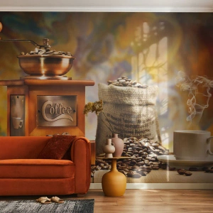 Fototapet Standard Eco - En kaffekvarn, en påse bönor och en kopp rykande hett kaffe - 100x70cm - Knastrande bönor, bullrande kvarn - Modern väggdekoration för vardagsrum och sovrum ARTTOR